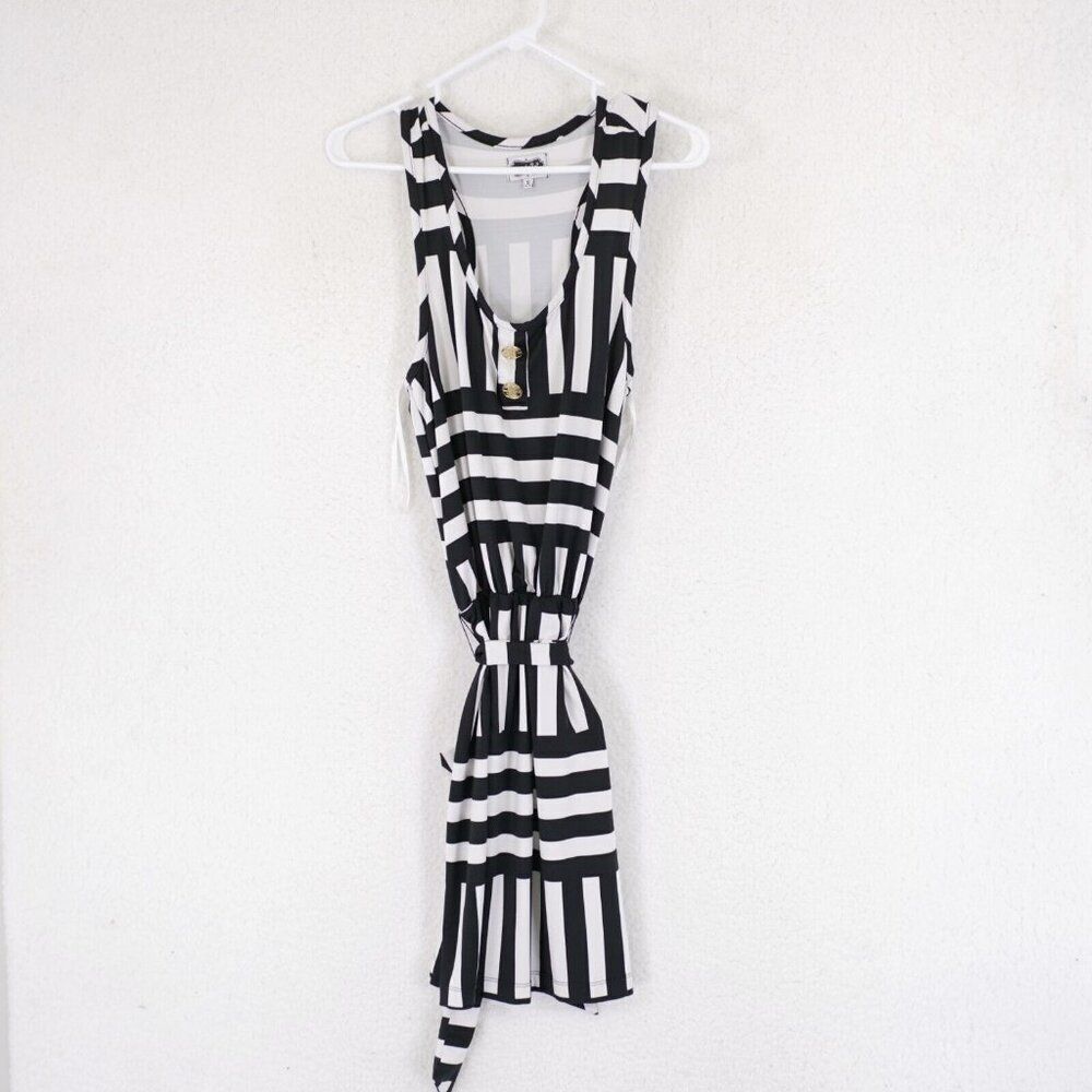 Magpie Blue Small White Striped Plunging Neck Scrunch Belt Dress Sleeveless‎